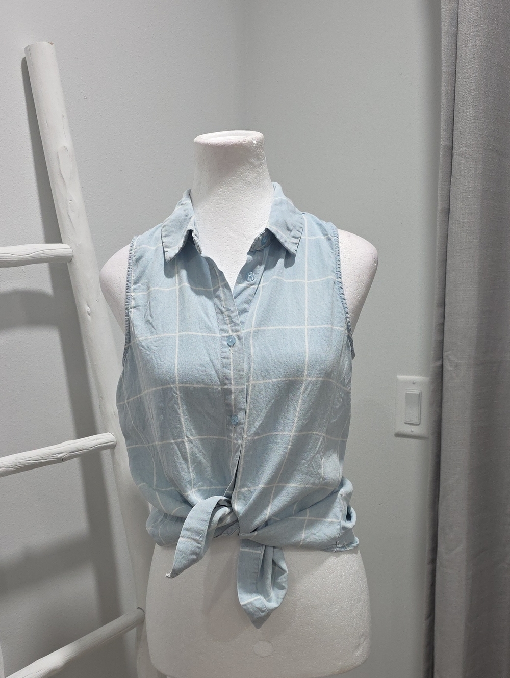 Light Blue Lyocell Flowy Windowpane Sleeveless Collared Top